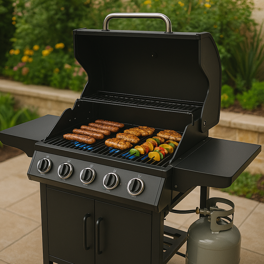 BBQ υγραερίου σε κήπο με ψητά